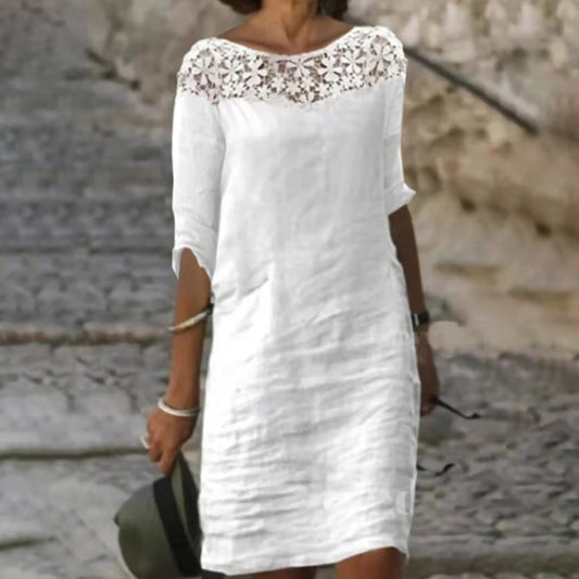 JuliaFashion-Oversize Cotton Linen Middle Sleeve Beach Dress