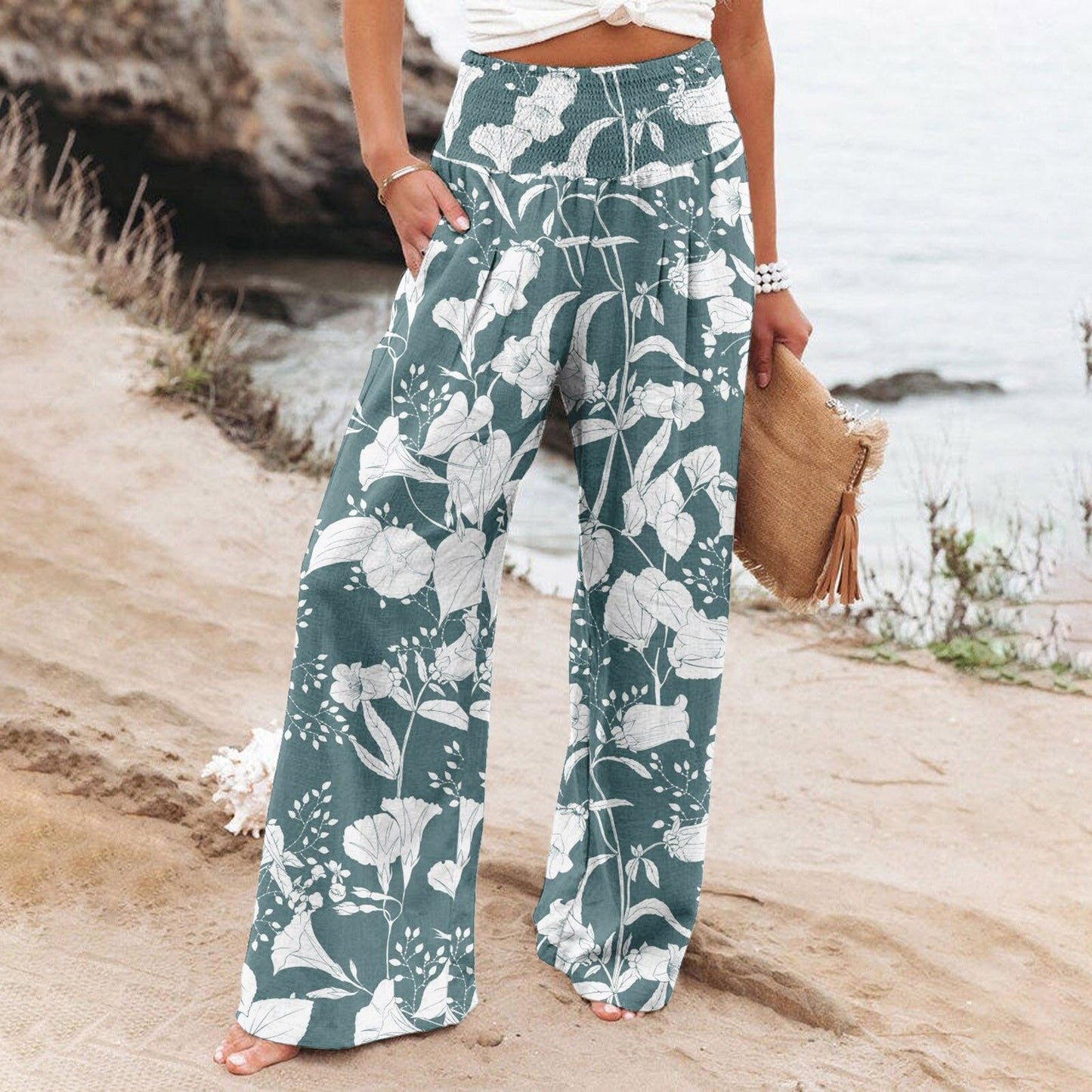 JuliaFashion-Floral Print Cotton Linen Wide Leg Pants