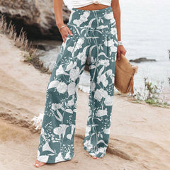 JuliaFashion-Floral Print Cotton Linen Wide Leg Pants