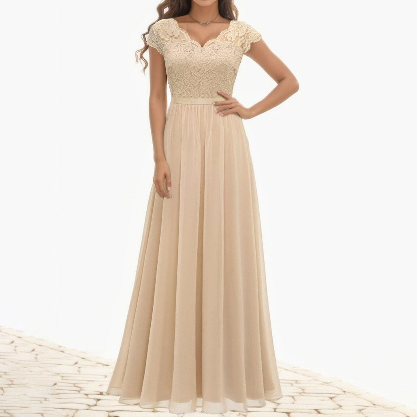 JuliaFashion-High Waist Solid Lace Maxi Dress