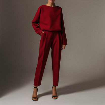JuliaFashion-Casual O-Neck Solid Color 2 Piece Sets