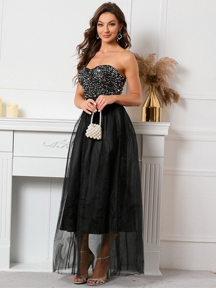 JuliaFashion - 2024 Strapless Sequin Mesh Backless Party Dress