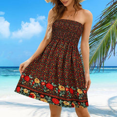 JuliaFashion - Ruffled Strapless Floral Midi Boho Dress