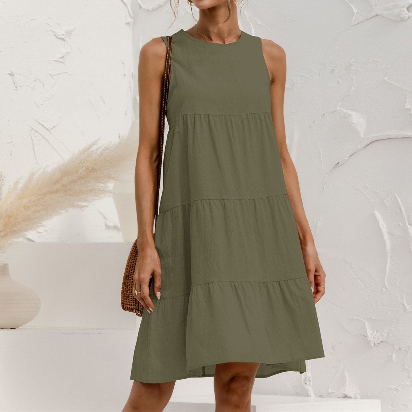 JuliaFashion - 2024 Sleeveless Crew Neck A-Line Midi Dress