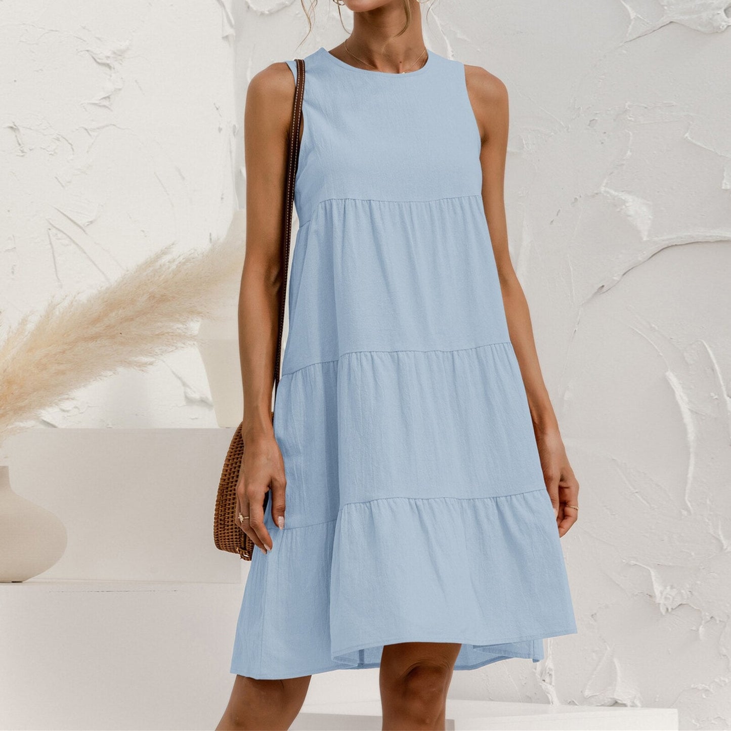 JuliaFashion - 2024 Sleeveless Crew Neck A-Line Midi Dress