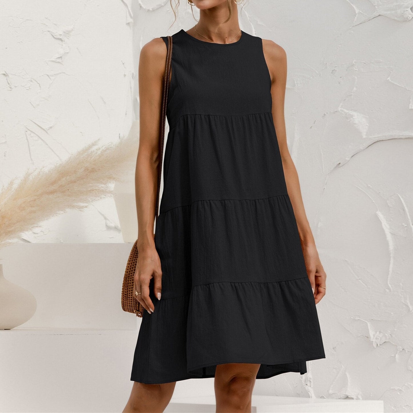 JuliaFashion - 2024 Sleeveless Crew Neck A-Line Midi Dress