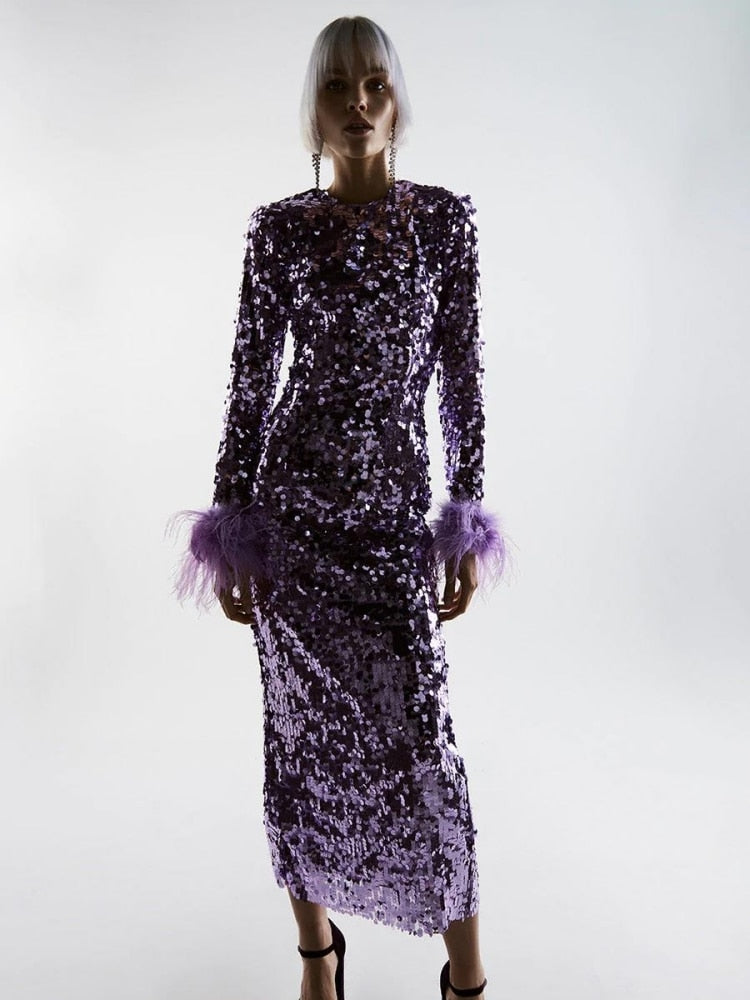 JuliaFashion-O-Neck Luxury Sequin Feather Bodycon Dress