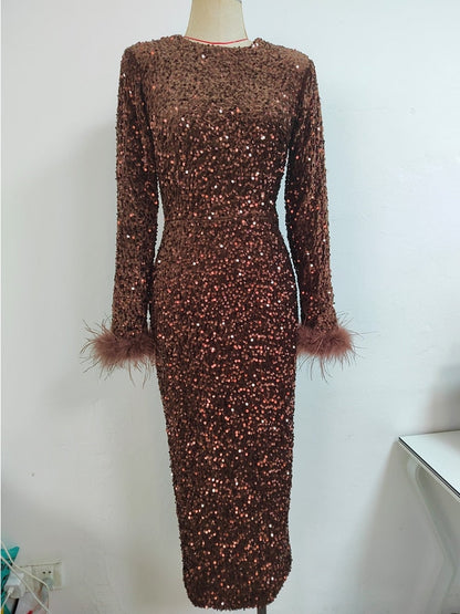 JuliaFashion-O-Neck Luxury Sequin Feather Bodycon Dress