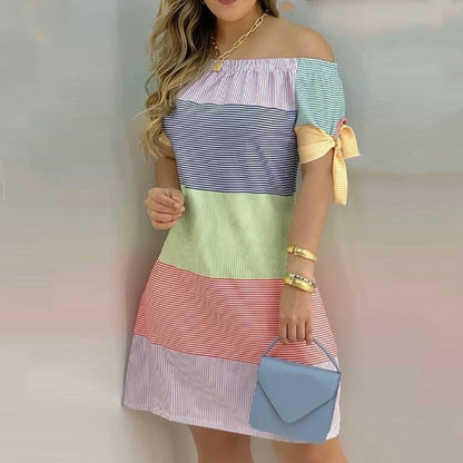 JuliaFashion - 2024 Women Off Shoulder Summer Mini Dress Short Sleeve Bow Tie Striped Plaid Floral Vestidos