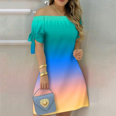 JuliaFashion - 2024 Women Off Shoulder Summer Mini Dress Short Sleeve Bow Tie Striped Plaid Floral Vestidos
