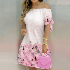 JuliaFashion - 2024 Women Off Shoulder Summer Mini Dress Short Sleeve Bow Tie Striped Plaid Floral Vestidos