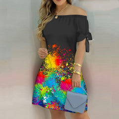 JuliaFashion - 2024 Women Off Shoulder Summer Mini Dress Short Sleeve Bow Tie Striped Plaid Floral Vestidos