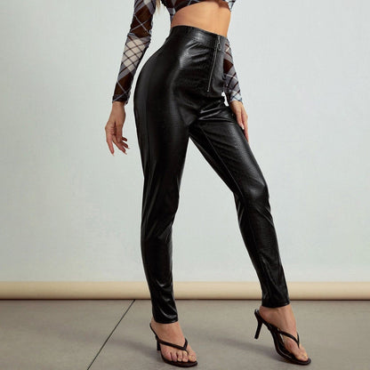 JuliaFashion-Patent Leather Zipper Stretch Wet Look Pants