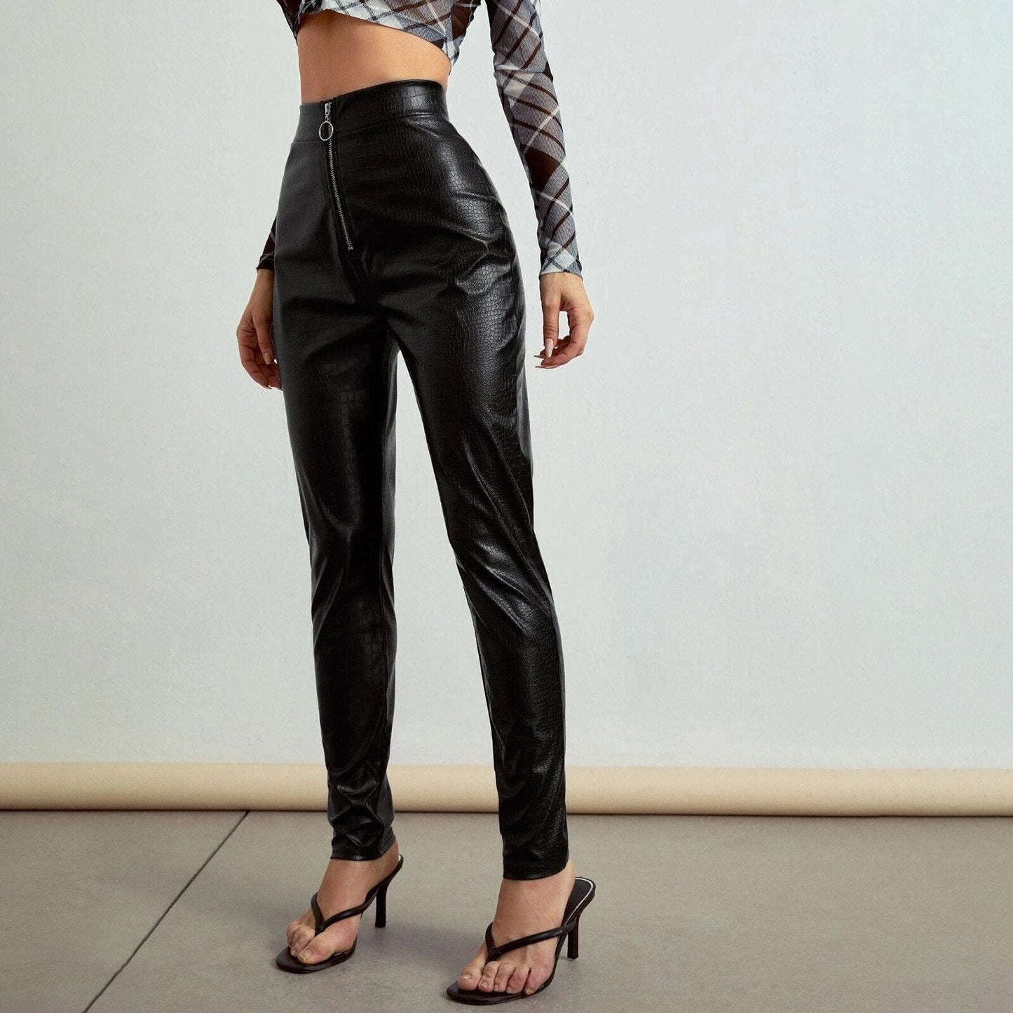 JuliaFashion-Patent Leather Zipper Stretch Wet Look Pants