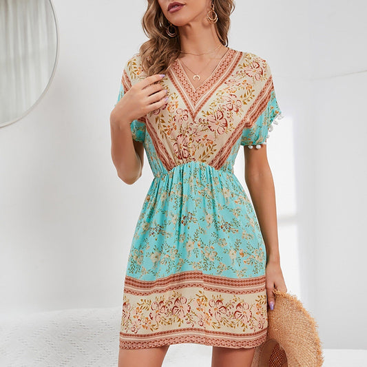 JuliaFashion-Floral Printed V-Neck Ruffle Sleeve Boho Dress