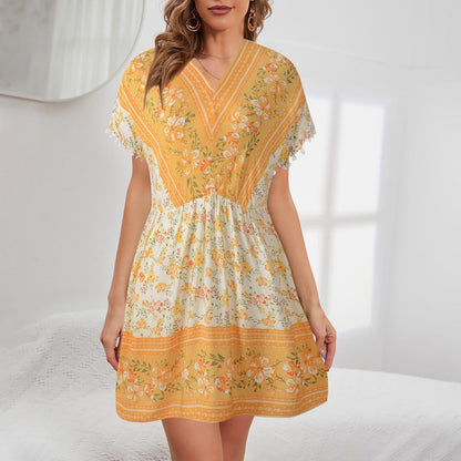 JuliaFashion-Floral Printed V-Neck Ruffle Sleeve Boho Dress