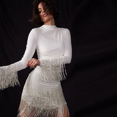 JuliaFashion - 2024 Sequins Cuff Splicing Shinny Tassel Dress
