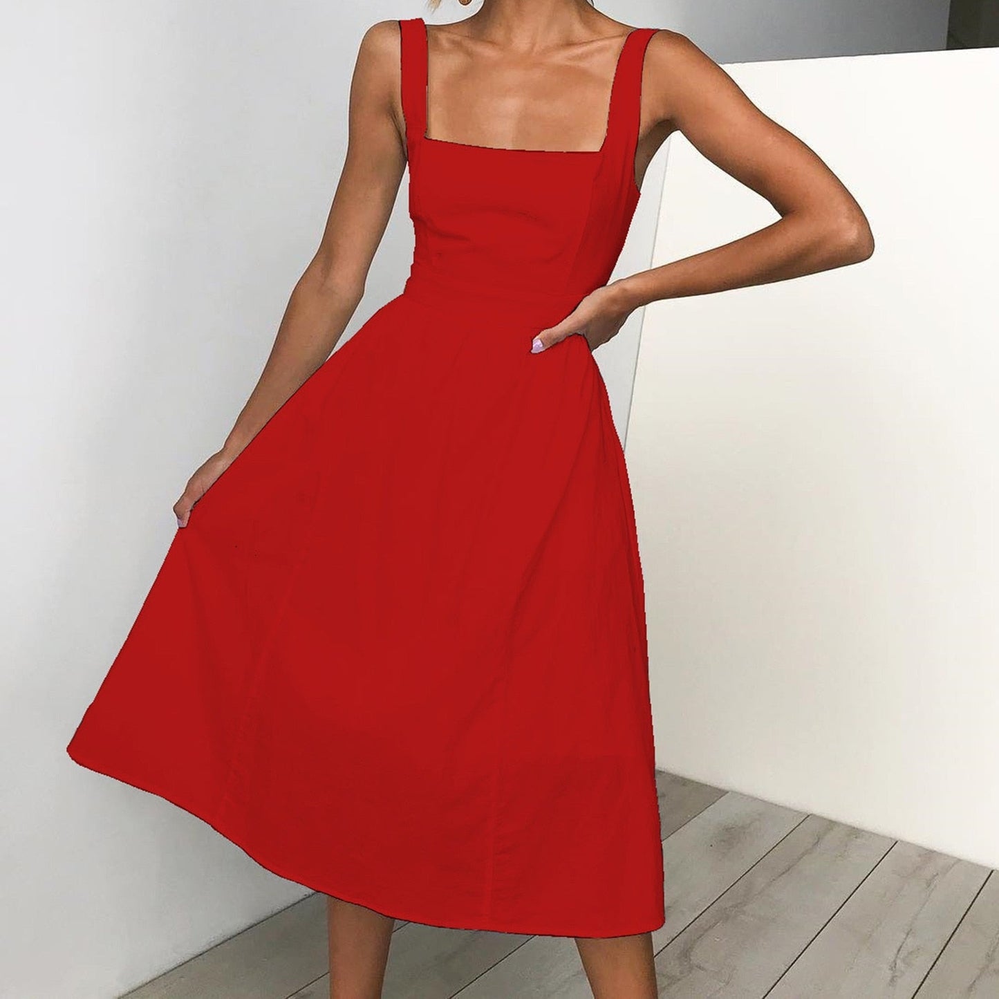 JuliaFashion - 2024 Spaghetti Strap Solid Color Sling Midi Dress