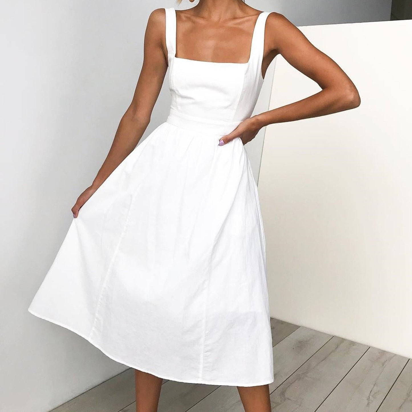 JuliaFashion - 2024 Spaghetti Strap Solid Color Sling Midi Dress