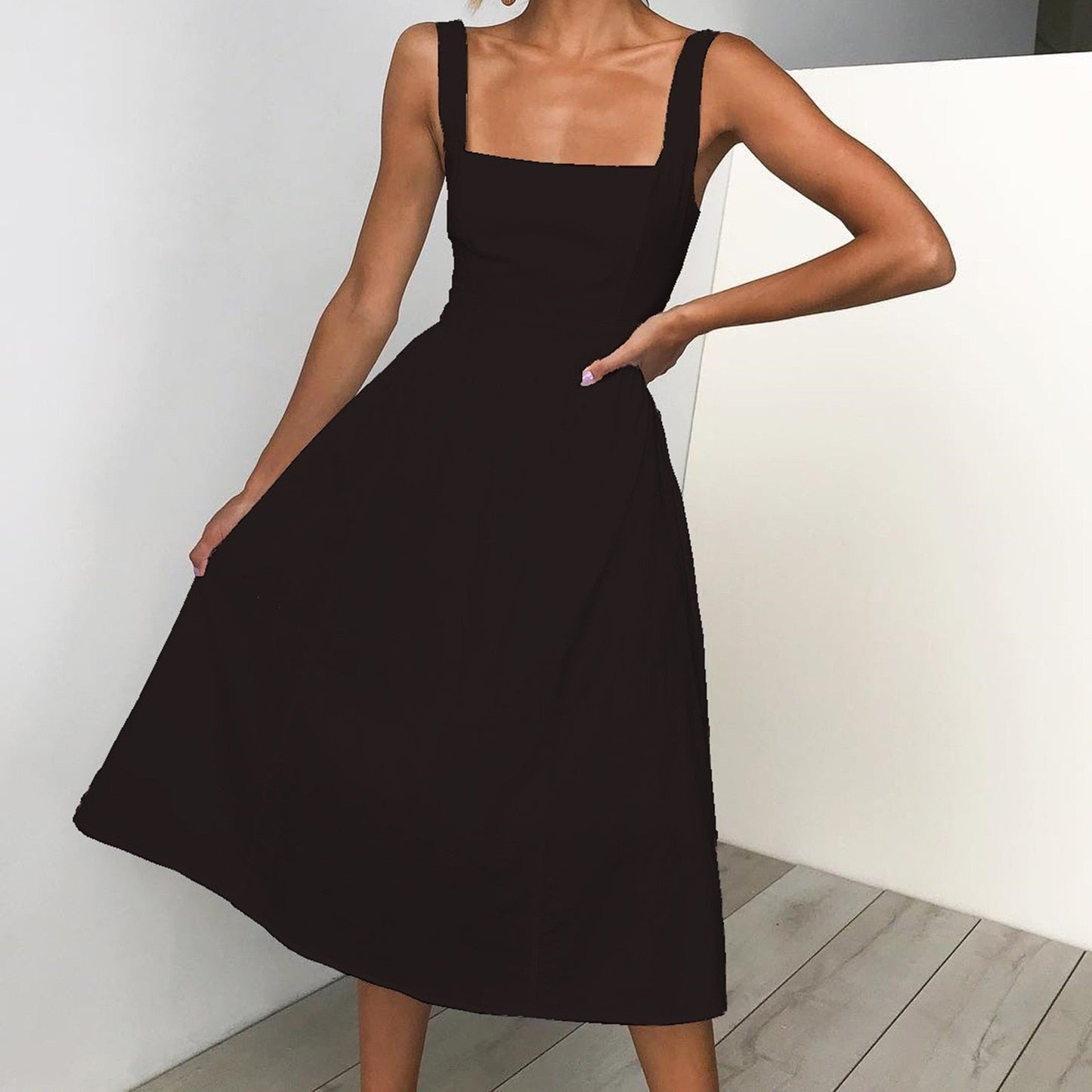 JuliaFashion - 2024 Spaghetti Strap Solid Color Sling Midi Dress