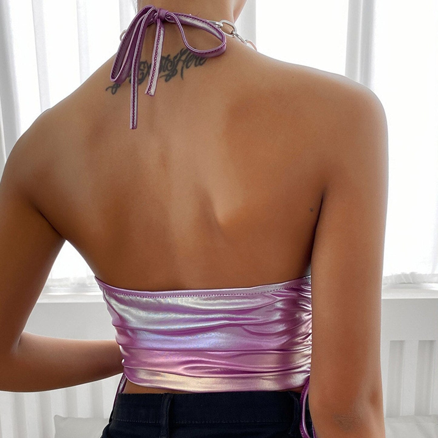 JuliaFashion-Holographic Chain Halter Crop Cami Tops