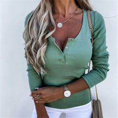 JuliaFashion - 2024 Women Sexy Slim V-Neck Buttons Long Sleeve Solid Color Tee Shirt