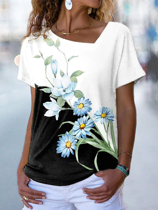 JuliaFashion - 2024 Women Colorblock Short Sleeve Floral Painting T-Shirt
