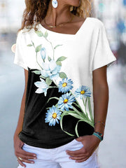 JuliaFashion - 2024 Women Colorblock Short Sleeve Floral Painting T-Shirt