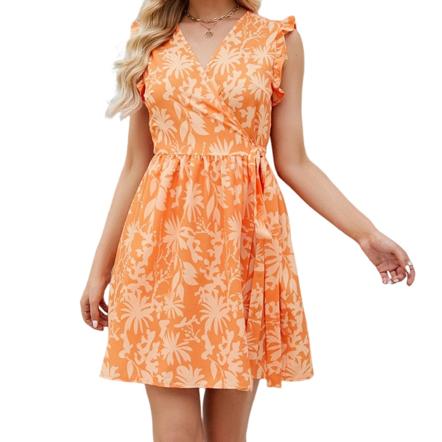 JuliaFashion-Floral Printed European Simple V-Neck Boho Dress