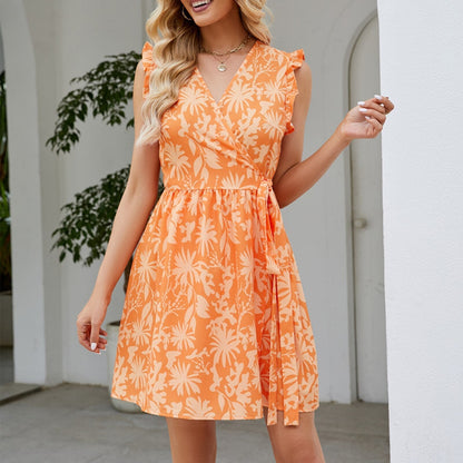 JuliaFashion-Floral Printed European Simple V-Neck Boho Dress