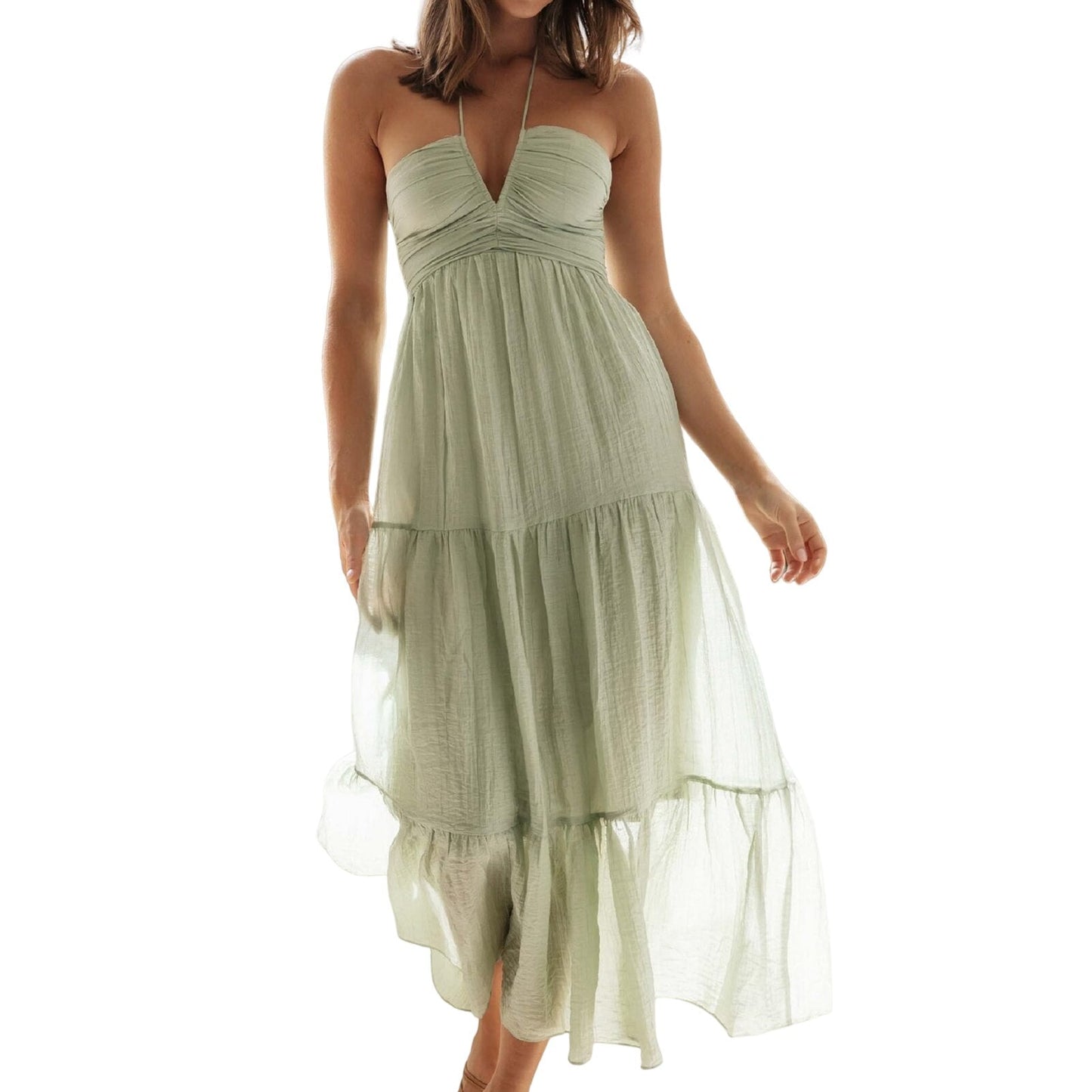 JuliaFashion-Elegant Loose Fit Halter Chiffon Maxi Dress