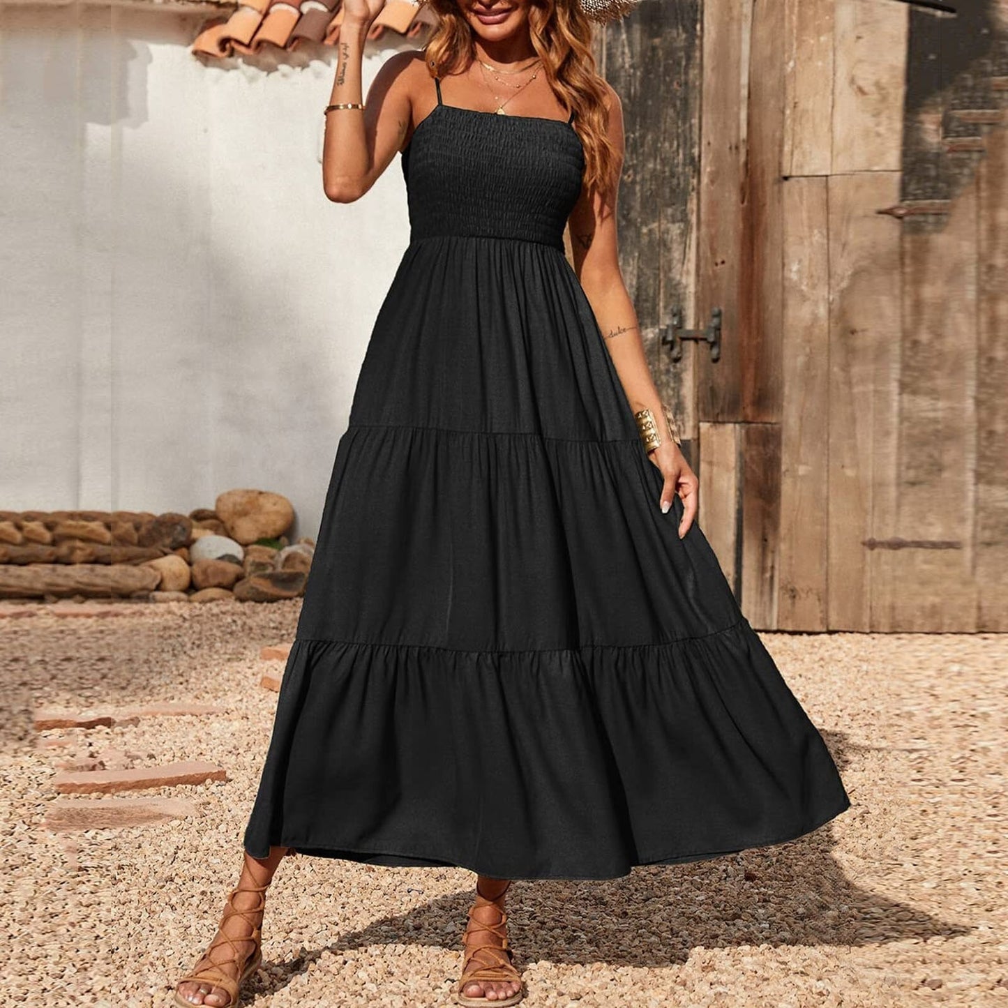 JuliaFashion-Boho Smocked Tiered Maxi Dress