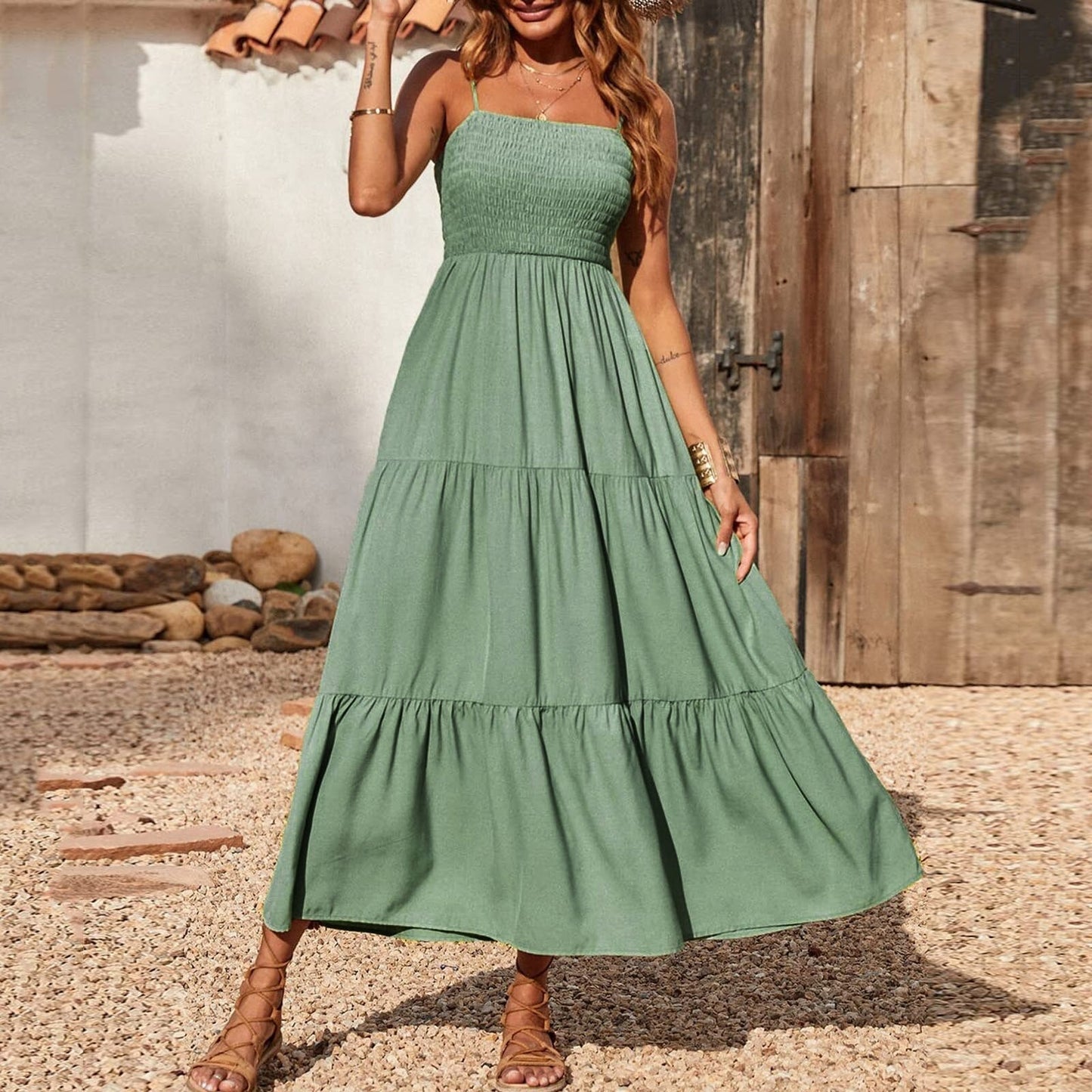 JuliaFashion-Boho Smocked Tiered Maxi Dress