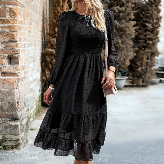 JuliaFashion-Elegant Jacquard Ruffle Trim Midi Dress