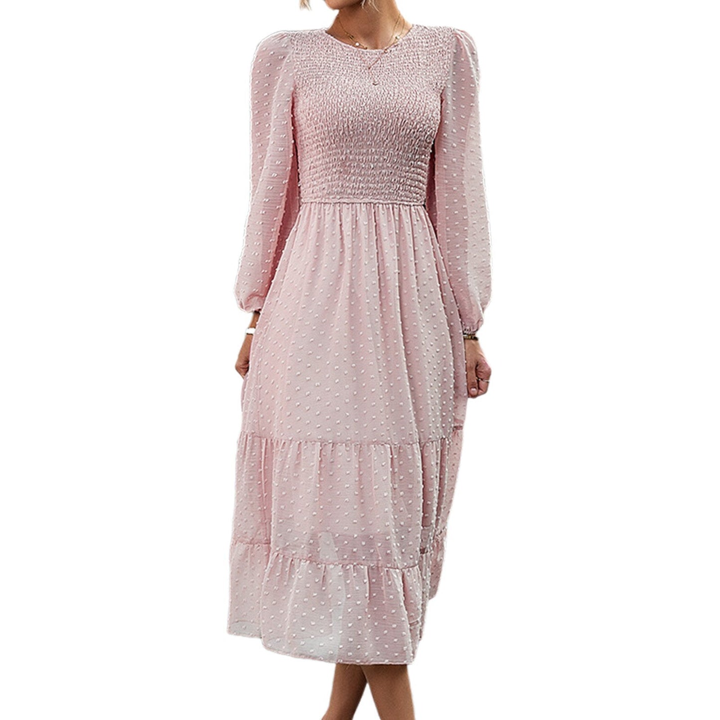 JuliaFashion-Elegant Jacquard Ruffle Trim Midi Dress