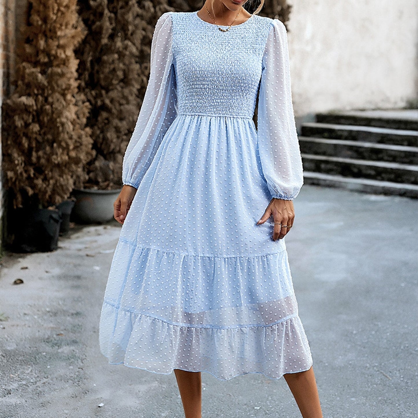 JuliaFashion-Elegant Jacquard Ruffle Trim Midi Dress