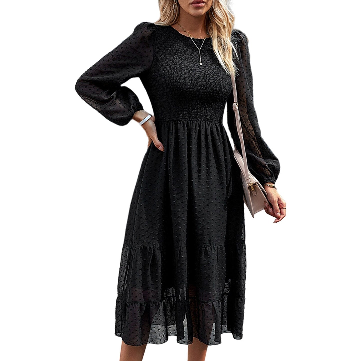 JuliaFashion-Elegant Jacquard Ruffle Trim Midi Dress