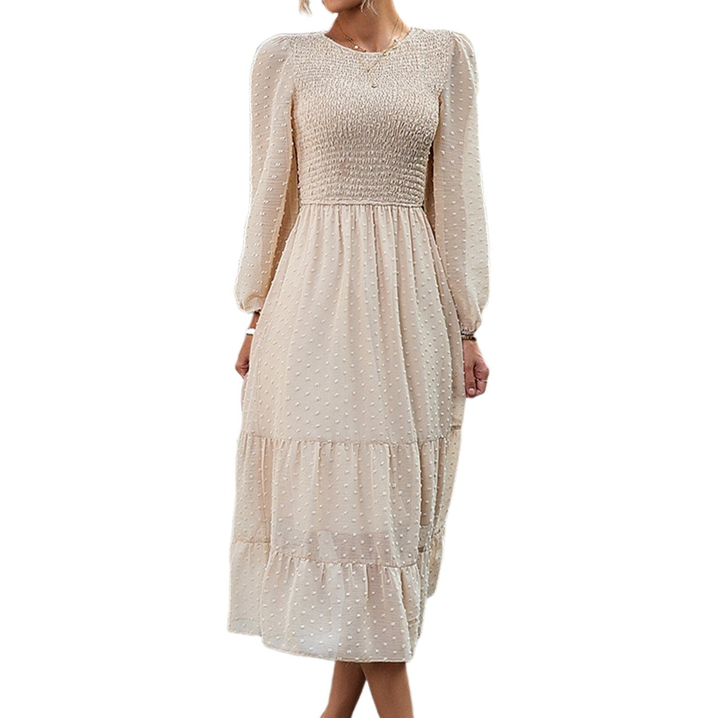 JuliaFashion-Elegant Jacquard Ruffle Trim Midi Dress