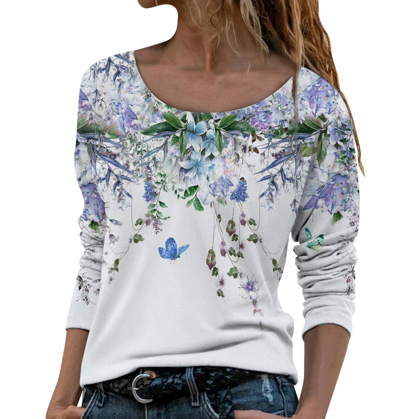 JuliaFashion-Women T Shirt Flower Scenery Painting Long Sleeve Print Tops