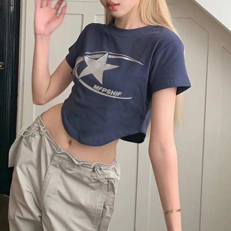 JuliaFashion - 2024 Y2k Punk Star Crop Tee