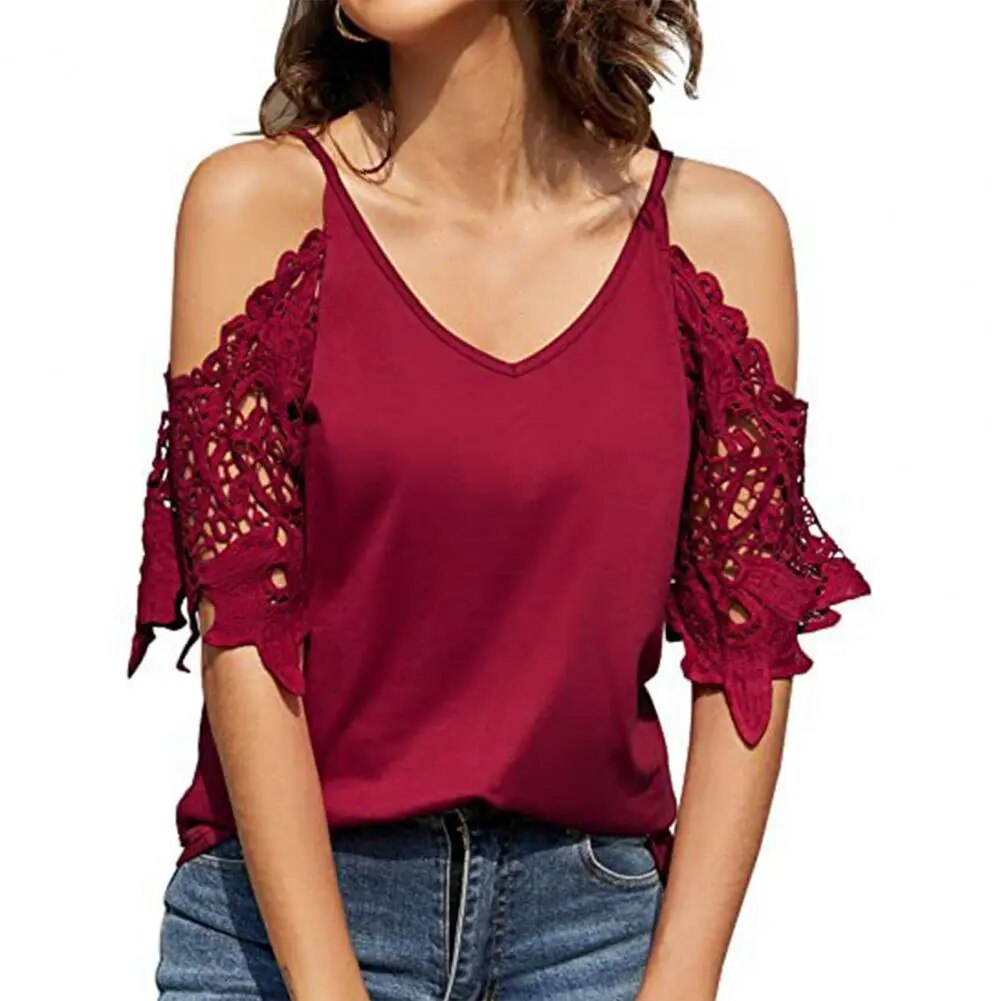 JuliaFashion - 2024 Summer Lace Cut-Out Tee