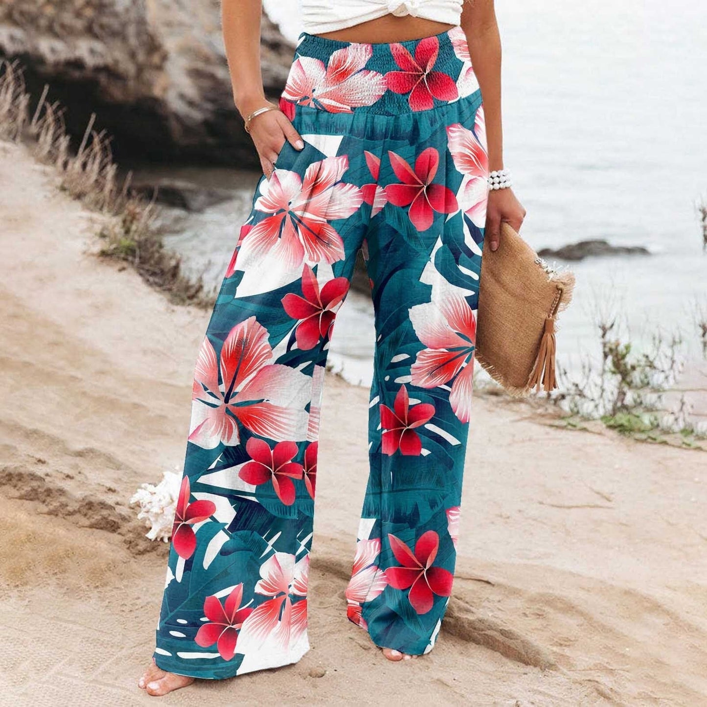 JuliaFashion-Floral Print High Waist Wide Leg Pants