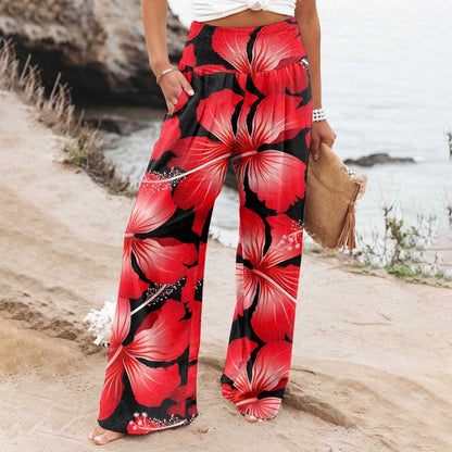 JuliaFashion-Floral Print High Waist Wide Leg Pants