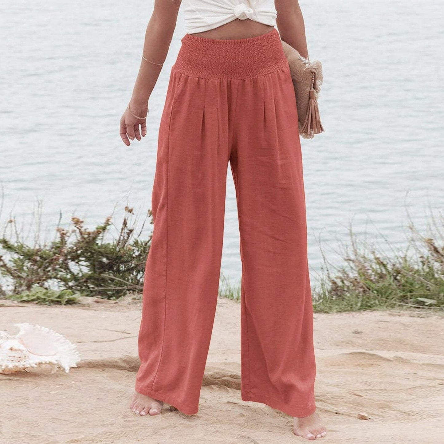 JuliaFashion-High Waist Pleated Cotton Linen Wide Leg Pants