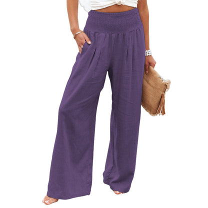 JuliaFashion-High Waist Pleated Cotton Linen Wide Leg Pants