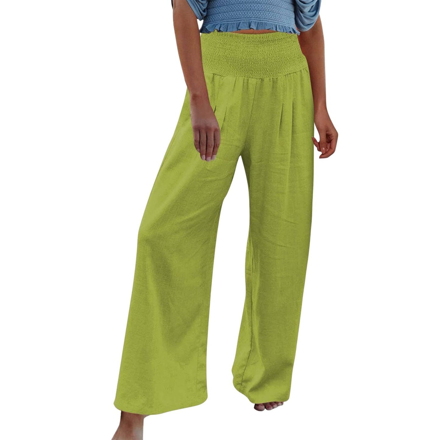 JuliaFashion-High Waist Pleated Cotton Linen Wide Leg Pants