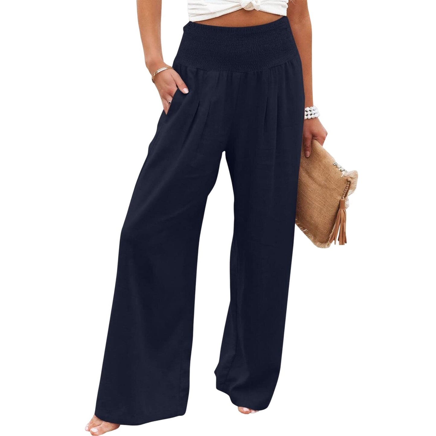 JuliaFashion-High Waist Pleated Cotton Linen Wide Leg Pants