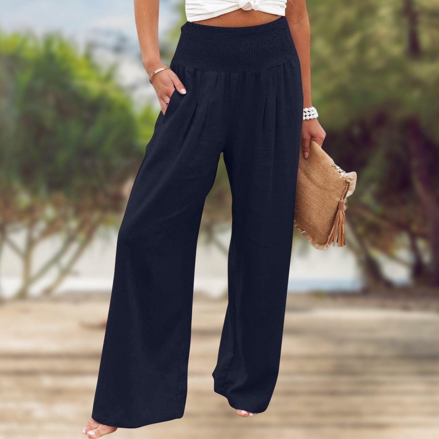 JuliaFashion-High Waist Pleated Cotton Linen Wide Leg Pants