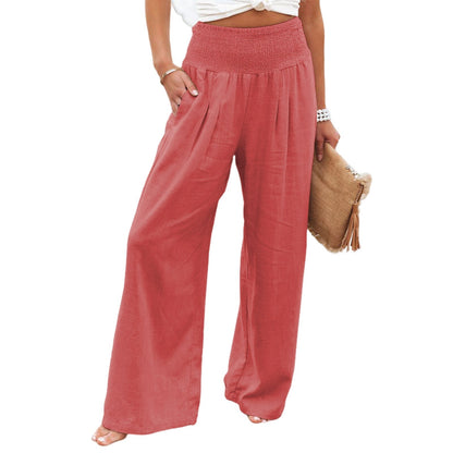 JuliaFashion-High Waist Pleated Cotton Linen Wide Leg Pants