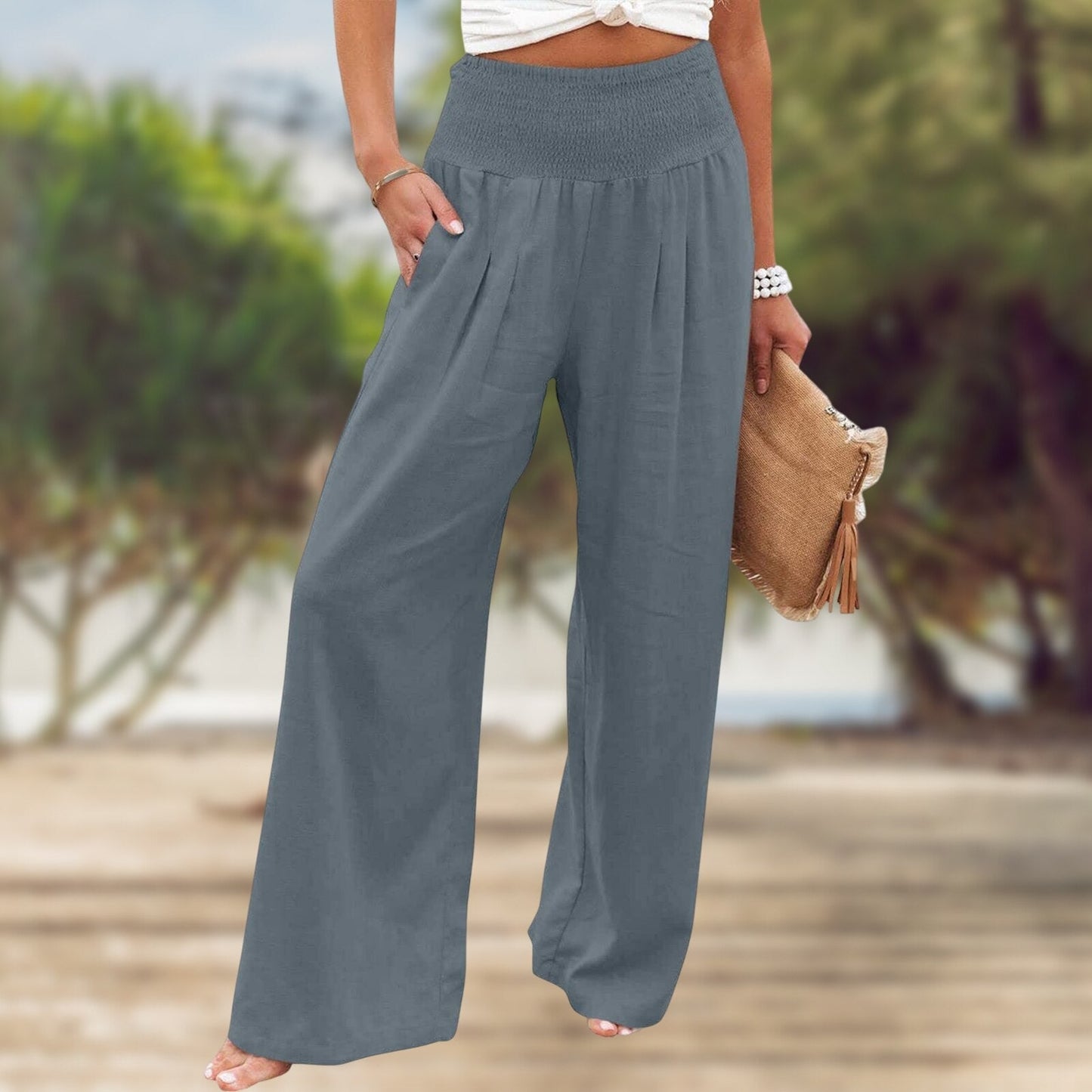 JuliaFashion-High Waist Pleated Cotton Linen Wide Leg Pants